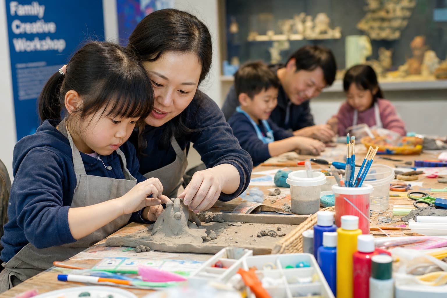 Enfants et parents créant dans un atelier