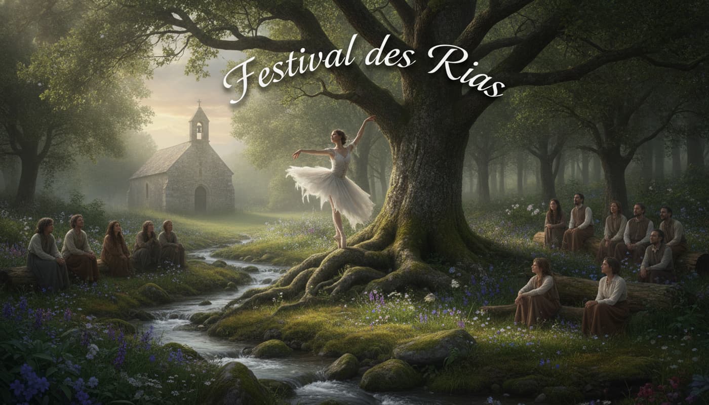Une ballerine en tutu danse parmi les chênes anciens d'une forêt bretonne, avec des taches de lumière, une chapelle en pierre au loin et un public assis sur des rochers moussus.