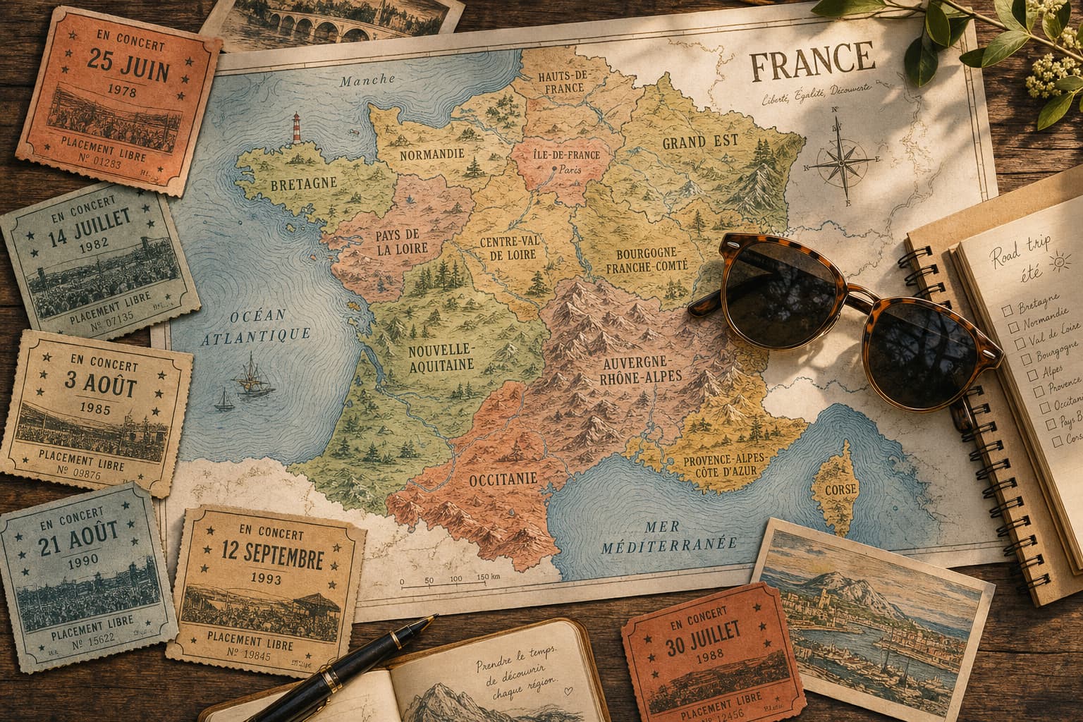 Billets de concert anciens éparpillés, carte topographique illustrée de la France et une paire de lunettes de soleil posés sur une table en bois rustique.
