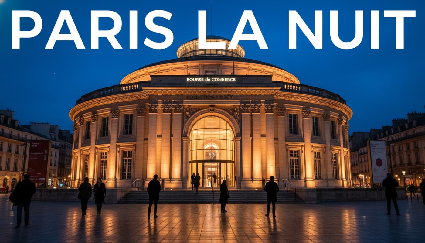 Façade de la Bourse de Commerce illuminée la nuit, avec des silhouettes de visiteurs à l'entrée et le texte 'PARIS LA NUIT' en surimpression.