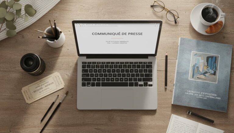 Vue du dessus d'un espace de travail créatif avec un ordinateur portable affichant un communiqué de presse, entouré d'un objectif d'appareil photo, d'un billet de concert classique et d'un catalogue d'exposition, le tout dans une lumière douce et naturelle.