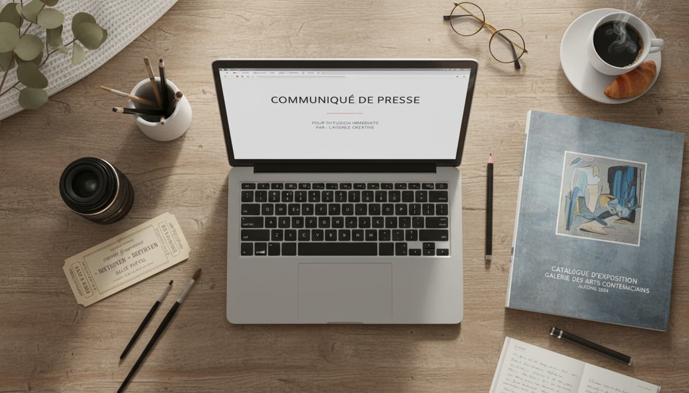 Vue du dessus d'un espace de travail créatif avec un ordinateur portable affichant un communiqué de presse, entouré d'un objectif d'appareil photo, d'un billet de concert classique et d'un catalogue d'exposition, le tout dans une lumière douce et naturelle.