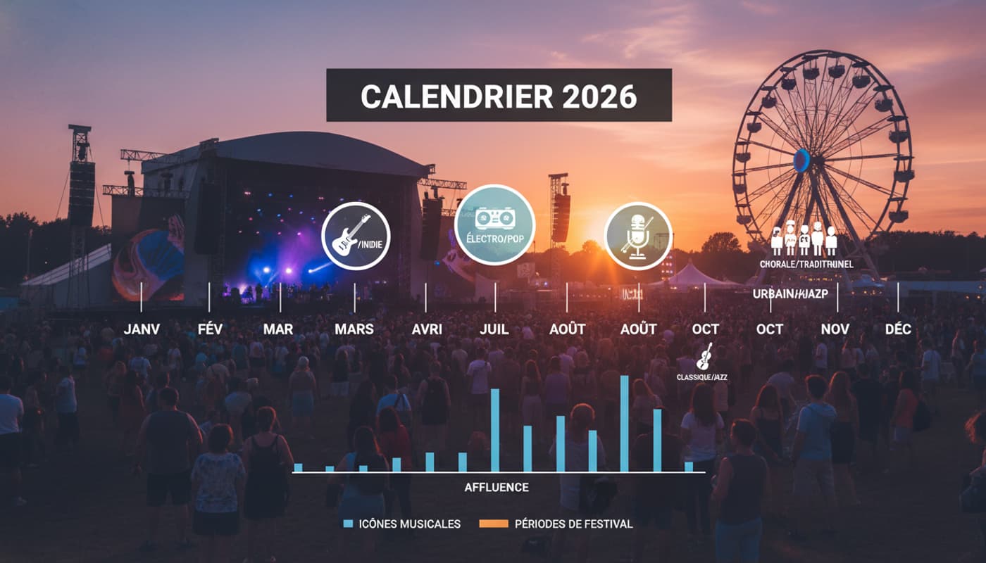 Timeline de l'année 2026 avec icônes de genres musicaux sur fond de festival, surmontée du texte 'CALENDRIER 2026'.
