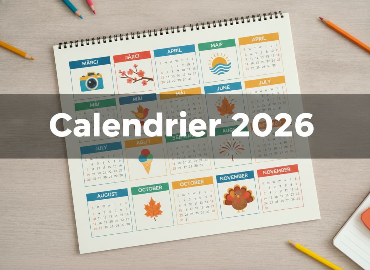 Vue aérienne d'un calendrier mural aux couleurs vives, chaque mois orné d'une icône de festival telle qu'un appareil photo, une feuille ou un oiseau, avec le texte 'Calendrier 2026' superposé sur un fond semi-transparent.