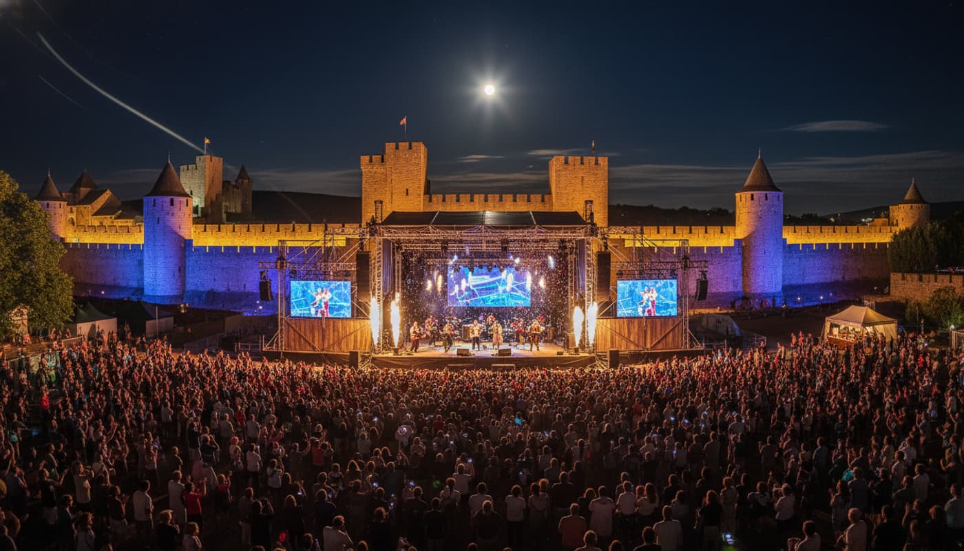 Foule assistant à un concert sur une grande scène illuminée dans la cité médiévale de Carcassonne la nuit, avec les tours éclairées.