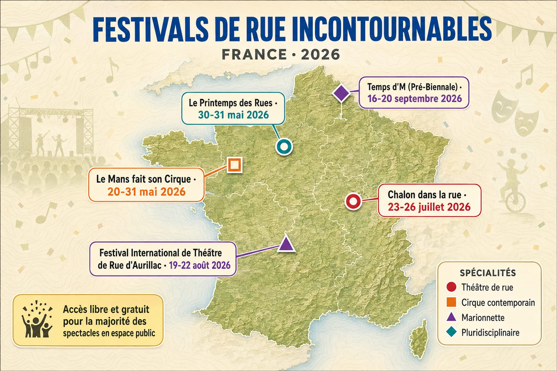Carte commentée des festivals de rue incontournables en France en 2026 avec cinq festivals, leurs dates, leurs spécialités et un badge d'accès libre et gratuit.