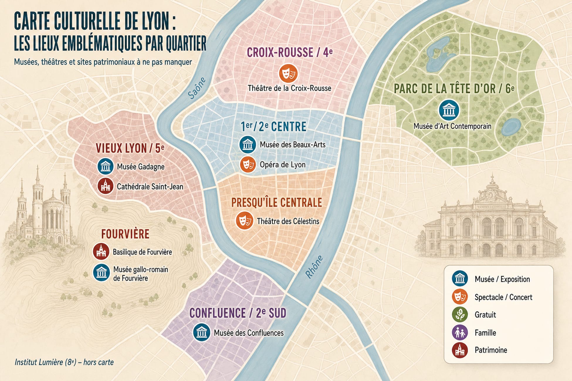 Carte illustrée des lieux culturels emblématiques de Lyon