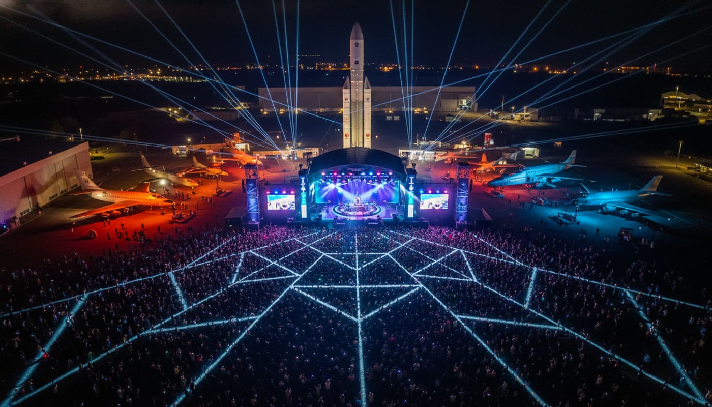 Vue aérienne d'un festival de musique électronique avec une scène circulaire devant une fusée historique géante et des avions anciens, des motifs lumineux géométriques au sol.