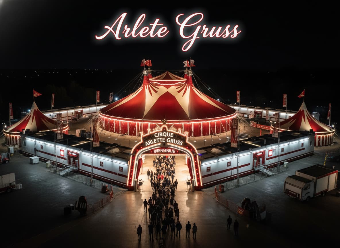 Vue en plongée du chapiteau rouge et blanc du cirque Arlette Gruss illuminé la nuit, avec une file de visiteurs se dirigeant vers l'entrée