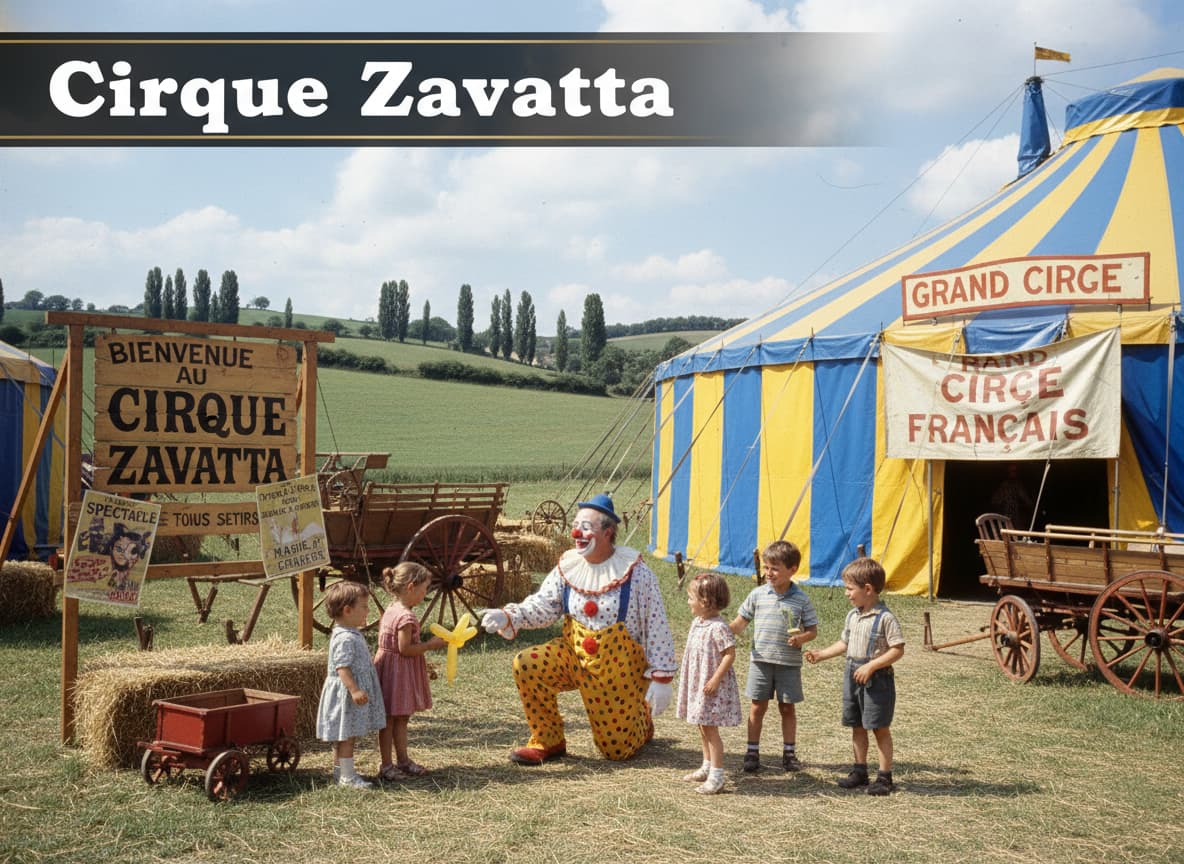 Un clown salue chaleureusement des enfants devant un grand chapiteau de cirque bleu et jaune installé à la campagne