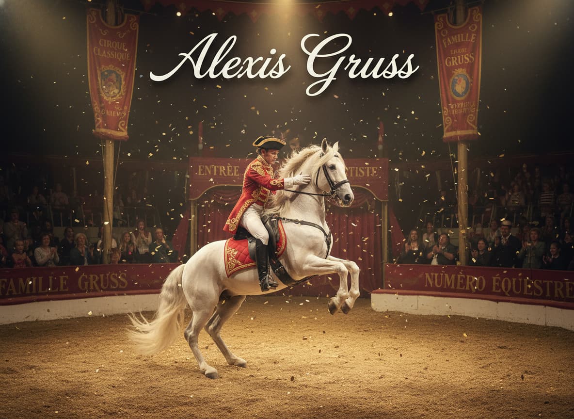 Un cheval blanc exécute un numéro avec un cavalier en costume classique sous un éclairage doré