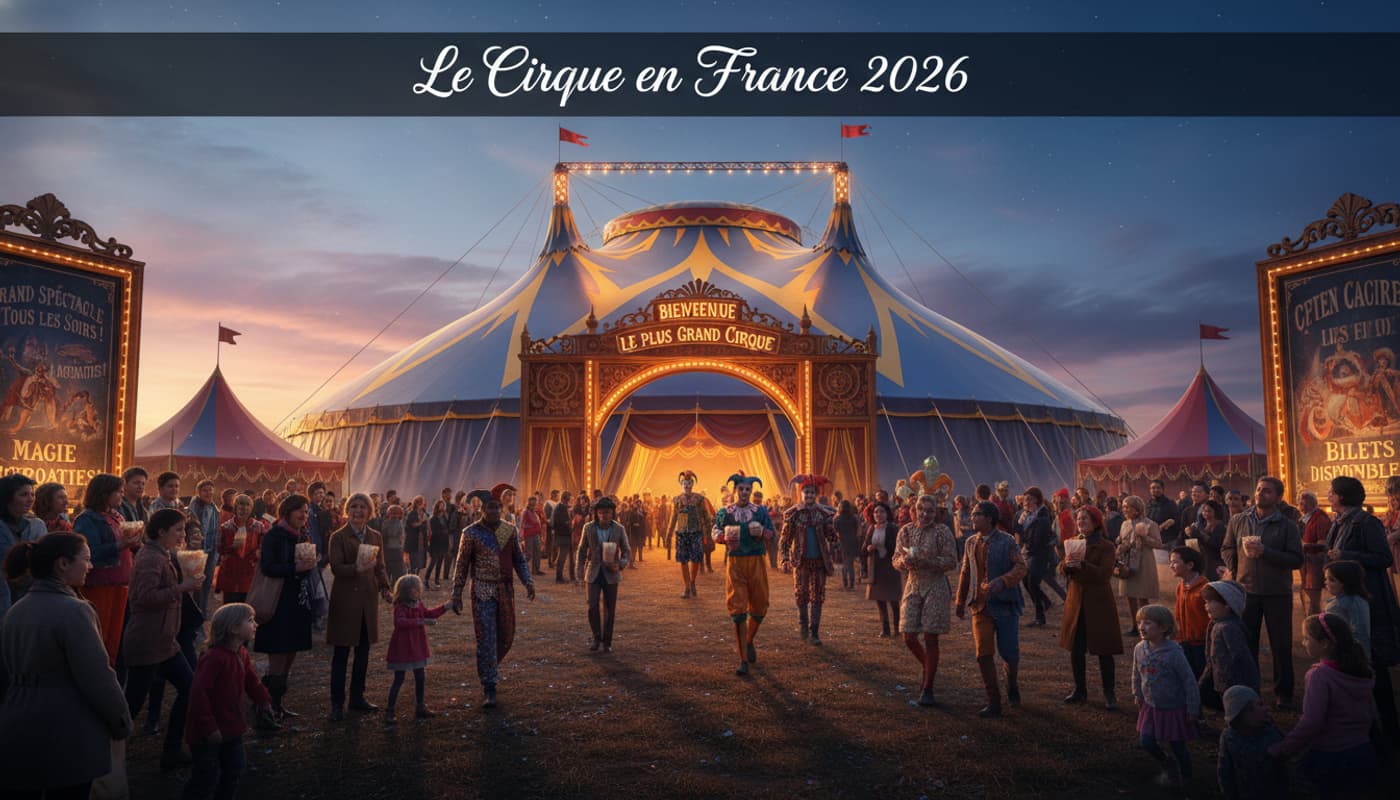 Vue large d'un cirque illuminé au crépuscule avec une foule excitée et des artistes en costumes