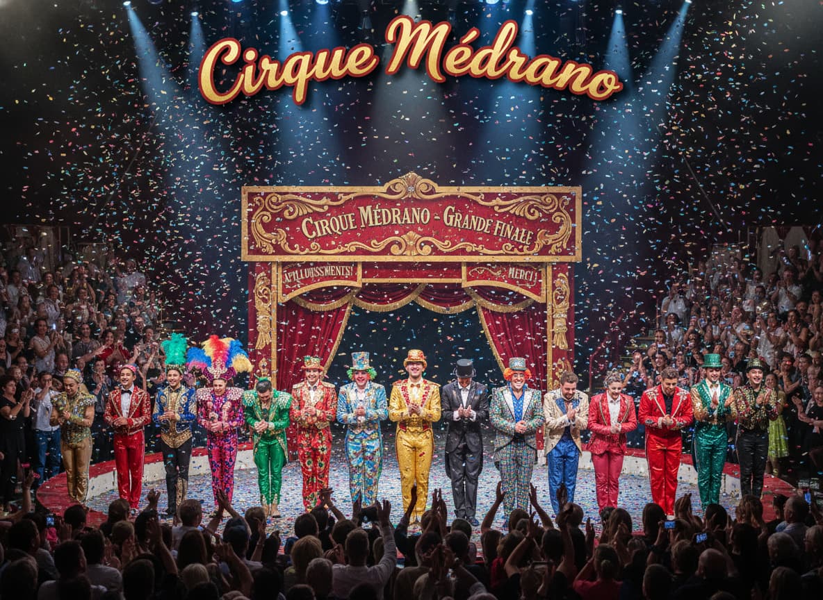 Des artistes de cirque en costumes scintillants saluent la foule tandis que des confettis tombent du plafond
