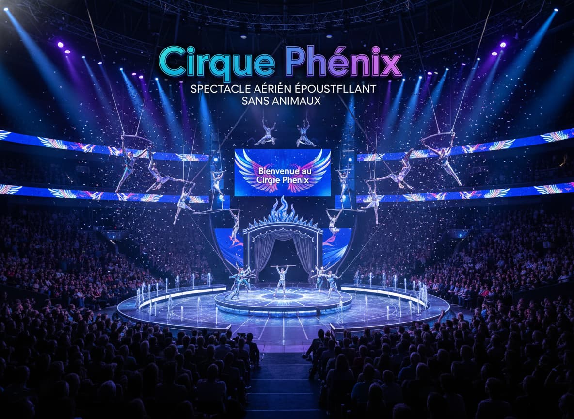 Des acrobates exécutent un numéro aérien sous des projecteurs bleus et violets dans une arène de cirque moderne
