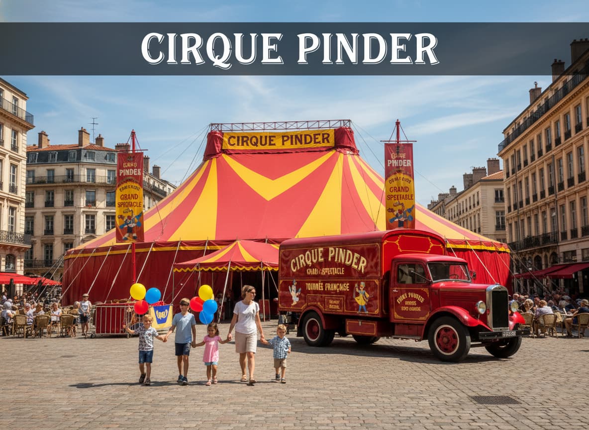 Chapiteau rouge et jaune du Cirque Pinder dressé sur une place ensoleillée, un camion du cirque stationné à proximité