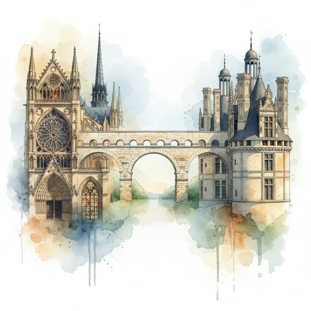 Collage artistique réunissant les arcs gothiques de la cathédrale de Chartres, la pierre blanche du Pont du Gard et les cheminées de la Renaissance du château de Chambord, le tout dans une composition harmonieuse éclairée par une lumière naturelle.