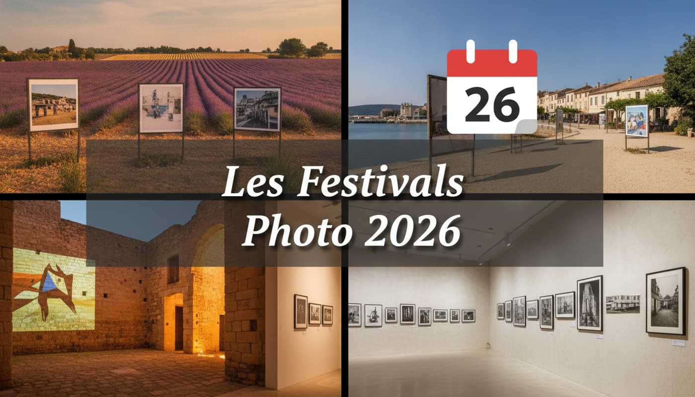 Collage dynamique de paysages et galeries de festivals photographiques français, avec icône de calendrier et titre superposé sur fond sombre.