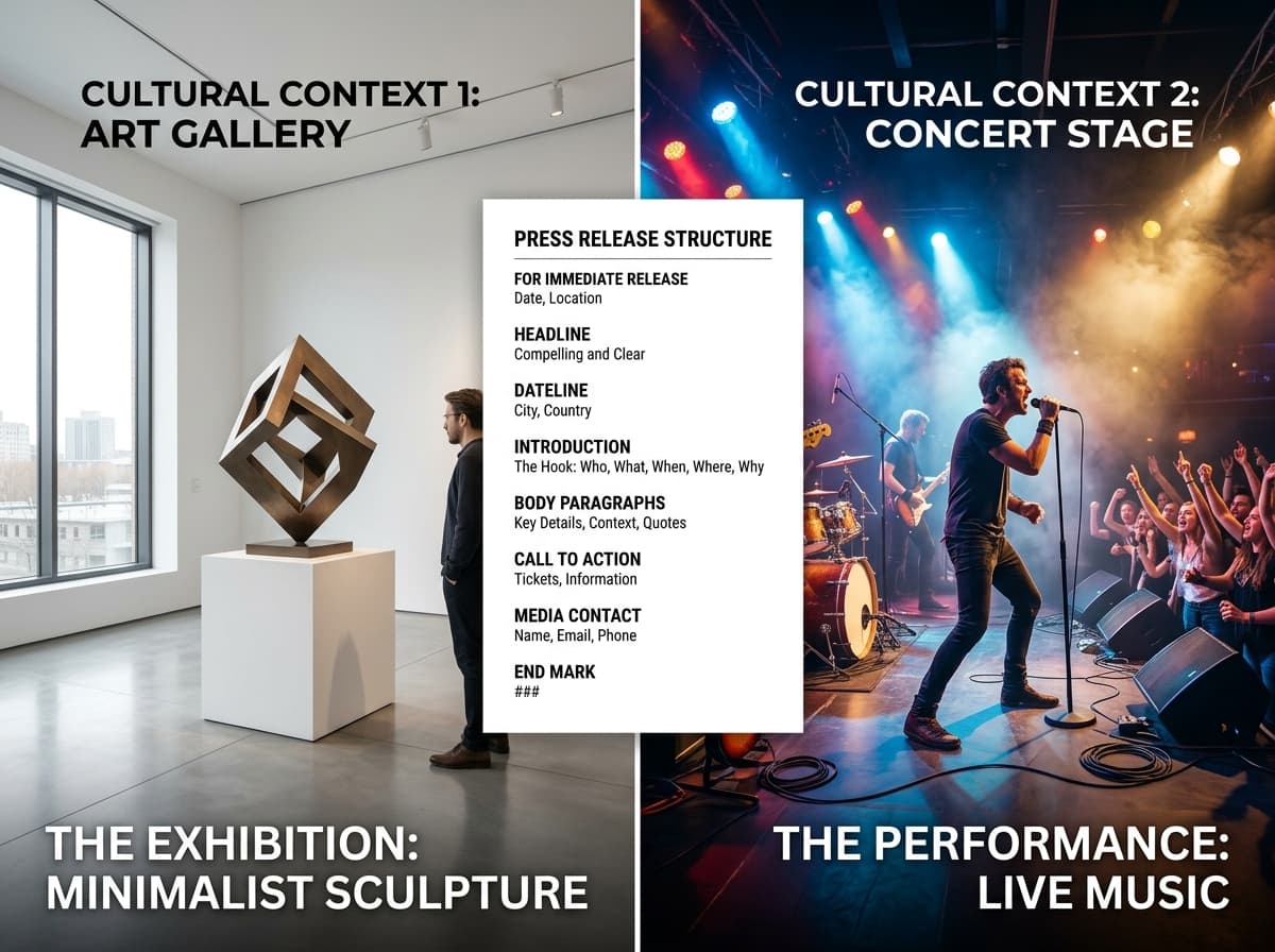 Un visuel en écran scindé présente d'un côté une galerie d'art épurée abritant une sculpture et de l'autre une scène de concert colorée dotée d'un microphone, séparées au centre par la structure d'un communiqué de presse.