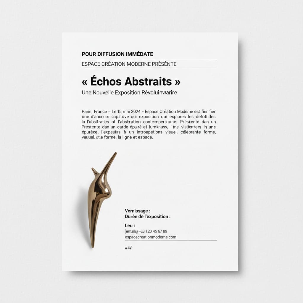 Un communiqué de presse minimaliste pour une exposition d'art moderne, avec beaucoup d'espace blanc, une typographie sans-serif et un petit détail artistique rappelant les sculptures de Brancusi, rédigé en français.