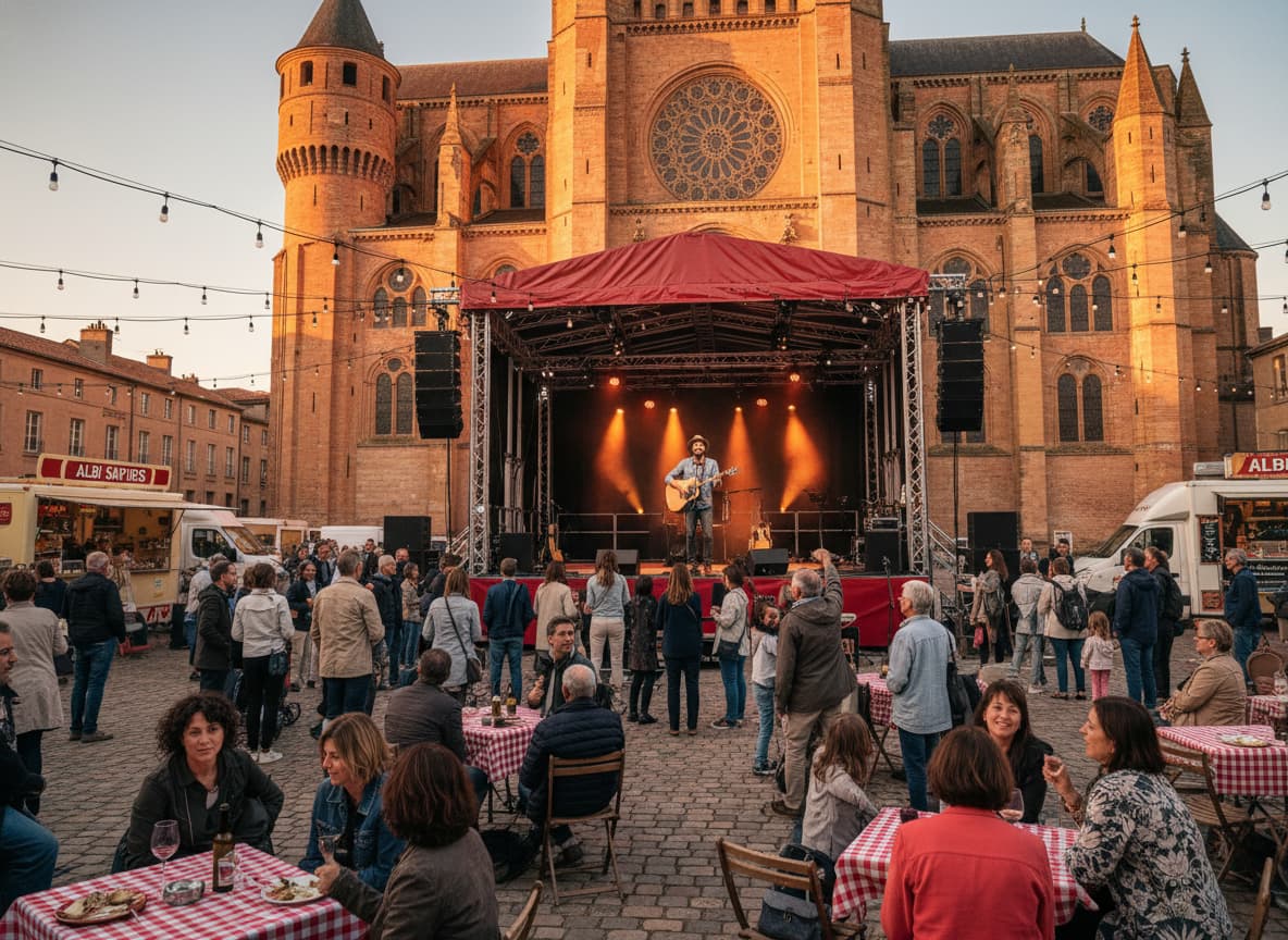Un chanteur-guitariste sur scène sur une place historique d'Albi, avec la cathédrale Sainte-Cécile en brique au coucher du soleil, ambiance festive et lumineuse.