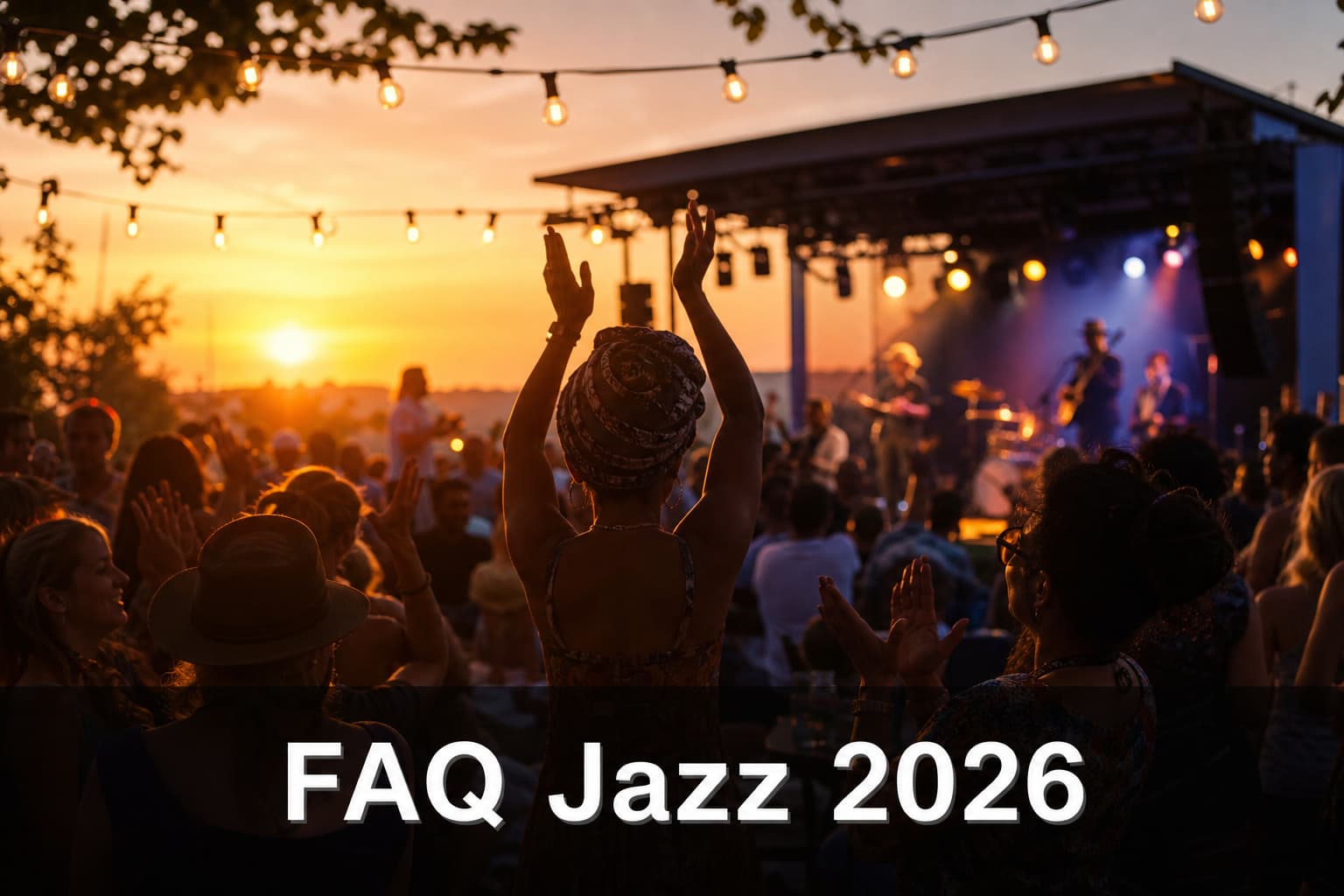 Une foule joyeuse assiste à un concert de jazz en plein air au coucher du soleil sous des guirlandes lumineuses avec un texte superposé indiquant FAQ Jazz 2026.
