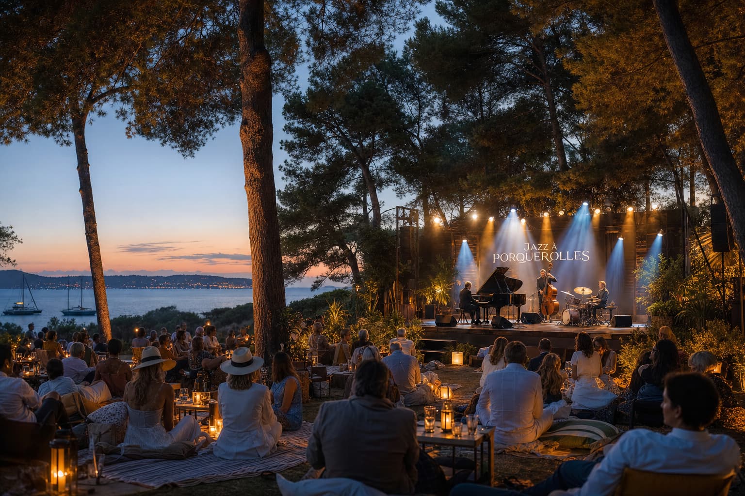 Un concert de jazz en plein air dans une pinède illuminée, avec un public chic assis sur l