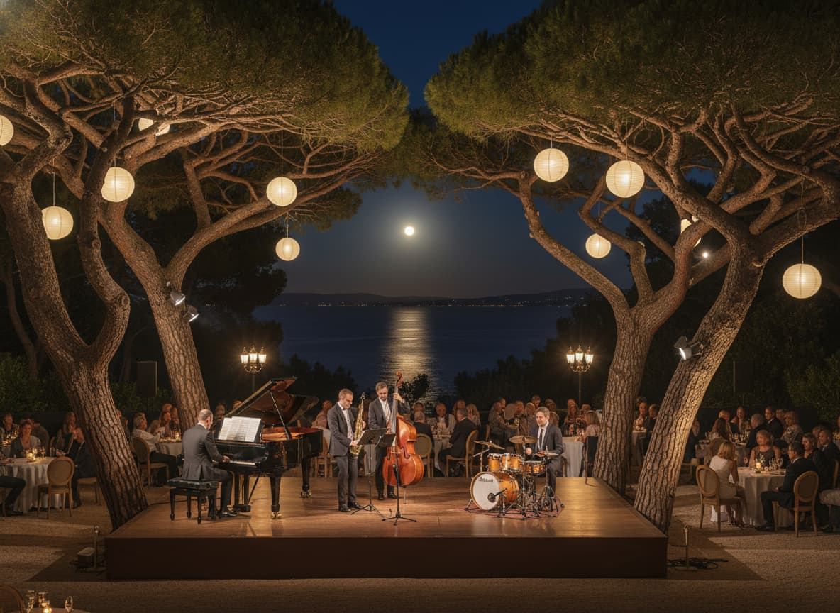 A jazz quartet performs on an elegant stage under illuminated umbrella pines at night, with the Mediterranean Sea visible in the background under moonlight.