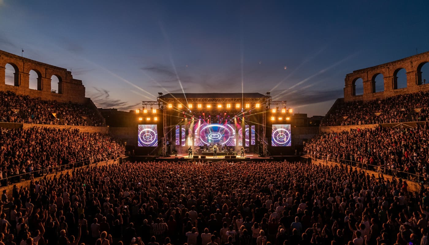 Concert de rock au crépuscule dans les arènes romaines de Nîmes, les arches en pierre éclairées par des projecteurs chauds, des lumières de scène modernes contrastant avec l'architecture antique, l'arène remplie de spectateurs.