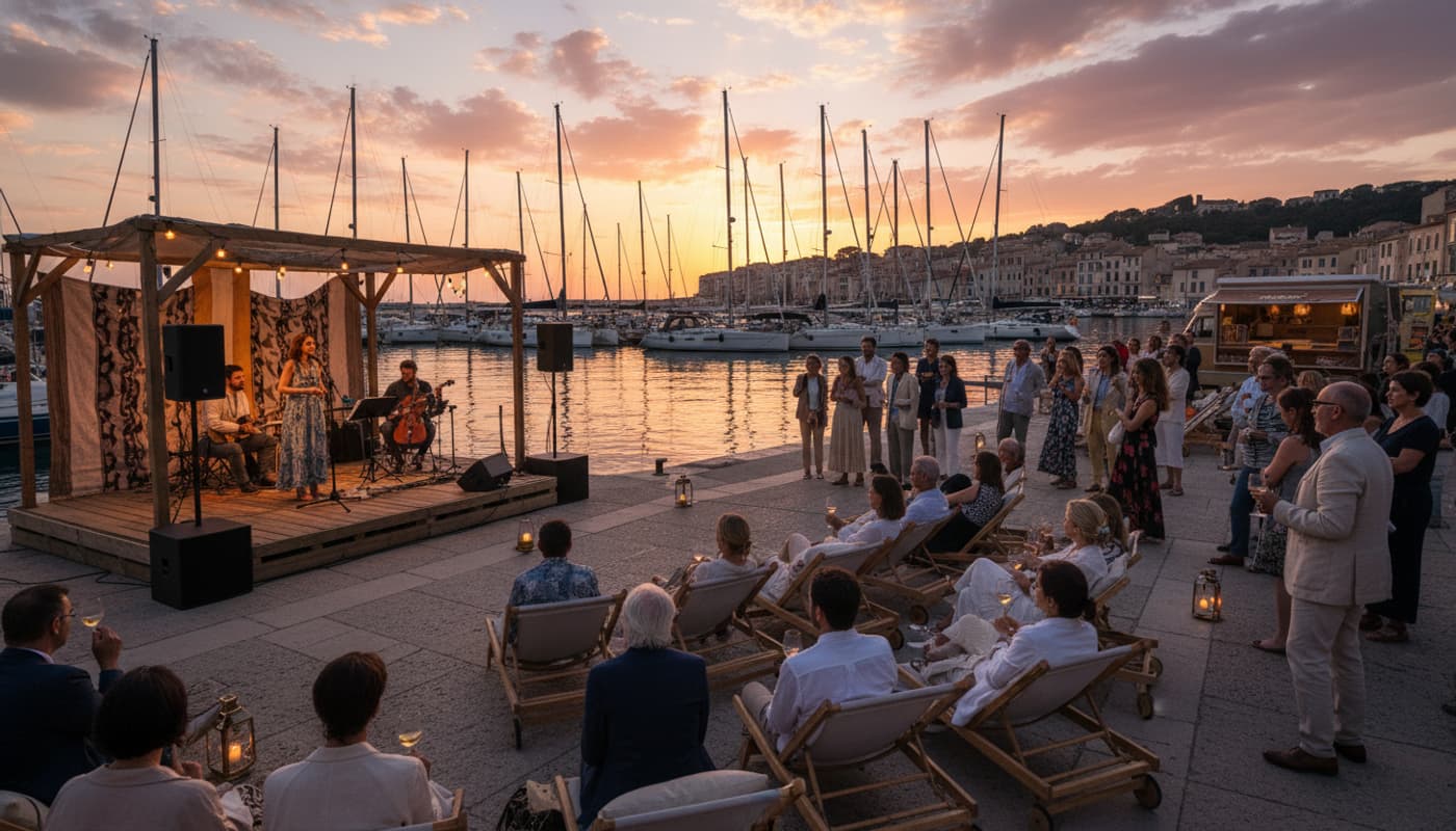 Un coucher de soleil sur le port de Sète avec une scène intime près de l'eau, des voiliers amarrés et un public mélangé.