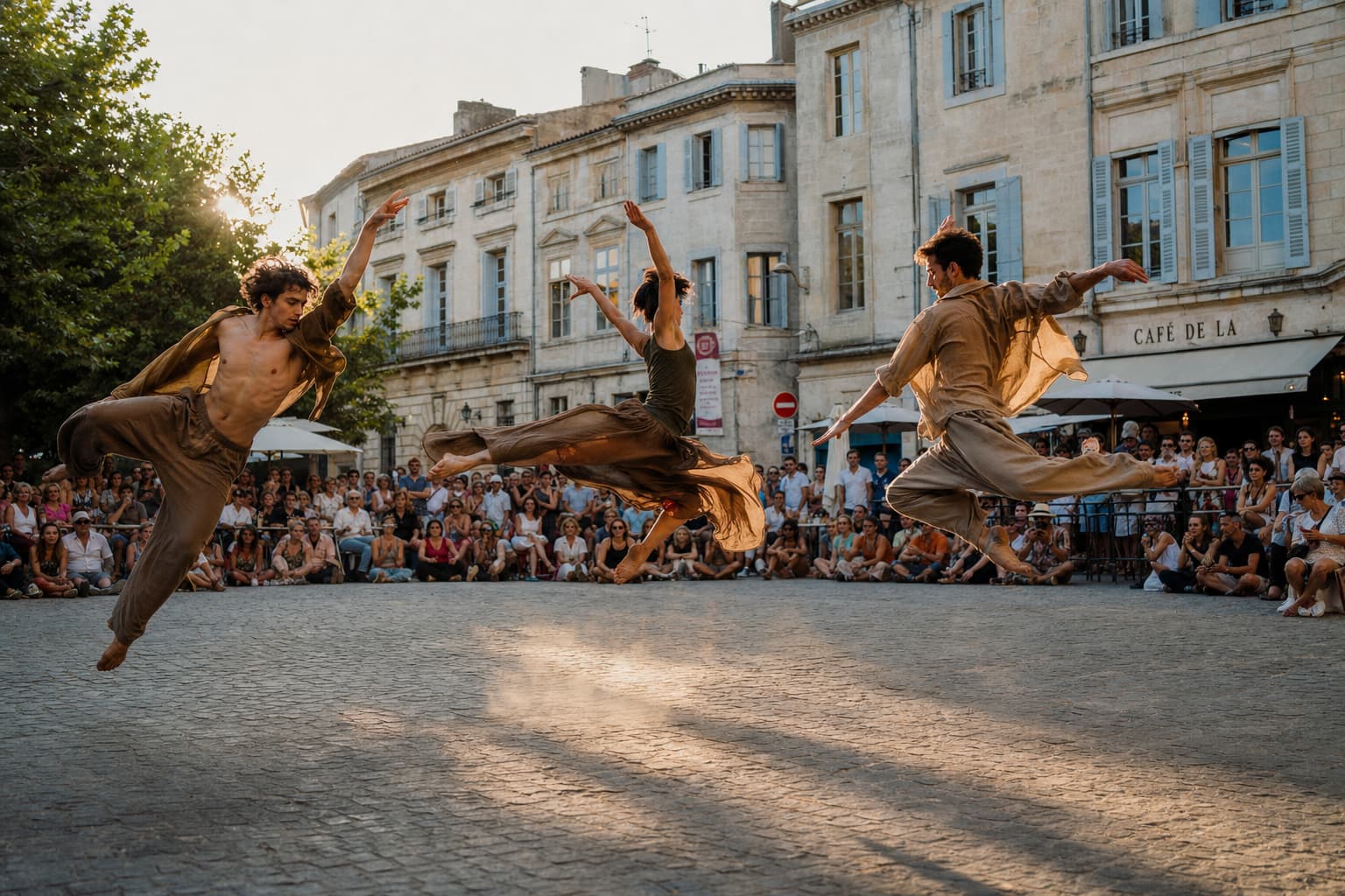 Des danseurs en costumes fluides exécutent une chorégraphie contemporaine sur une place pavée historique, entourés d
