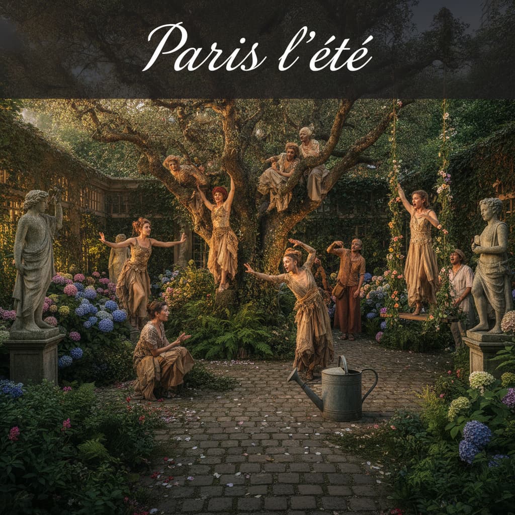 Dans un jardin parisien caché, des danseurs et comédiens interagissent avec la végétation luxuriante lors d'une performance surprenante, avec le texte 'Paris l'été' superposé en transparence.