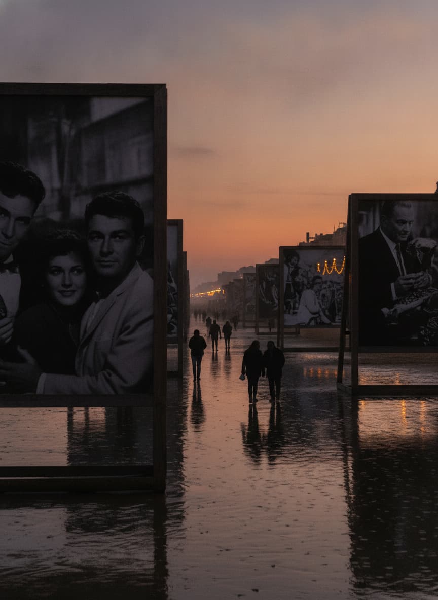 Plage de Deauville au crépuscule avec de grands tirages photo plantés dans le sable, des silhouettes de promeneurs et les lumières de la promenade en arrière-plan.