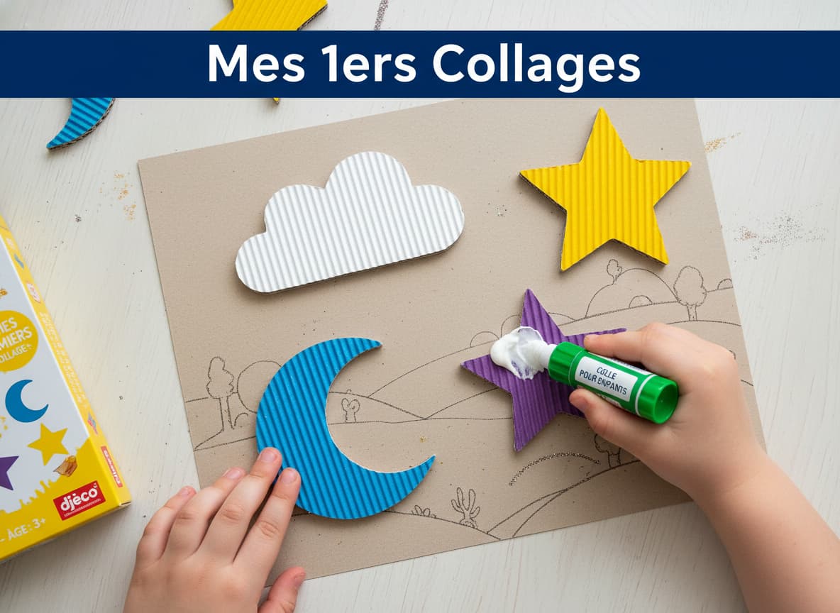 Vue du dessus de grandes formes en carton (étoiles et nuages) collées sur une carte, avec un bâton de colle adapté aux enfants et le texte 'Mes 1ers Collages' superposé.
