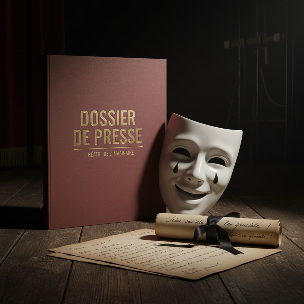 Un dossier de presse ouvert sur une scène en bois, accompagné d'un masque de théâtre et d'un script, éclairé par une lumière dramatique créant des ombres fortes.