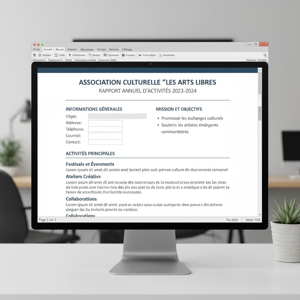 Écran d'ordinateur affichant un document Word structuré pour une association culturelle, avec des titres en français.