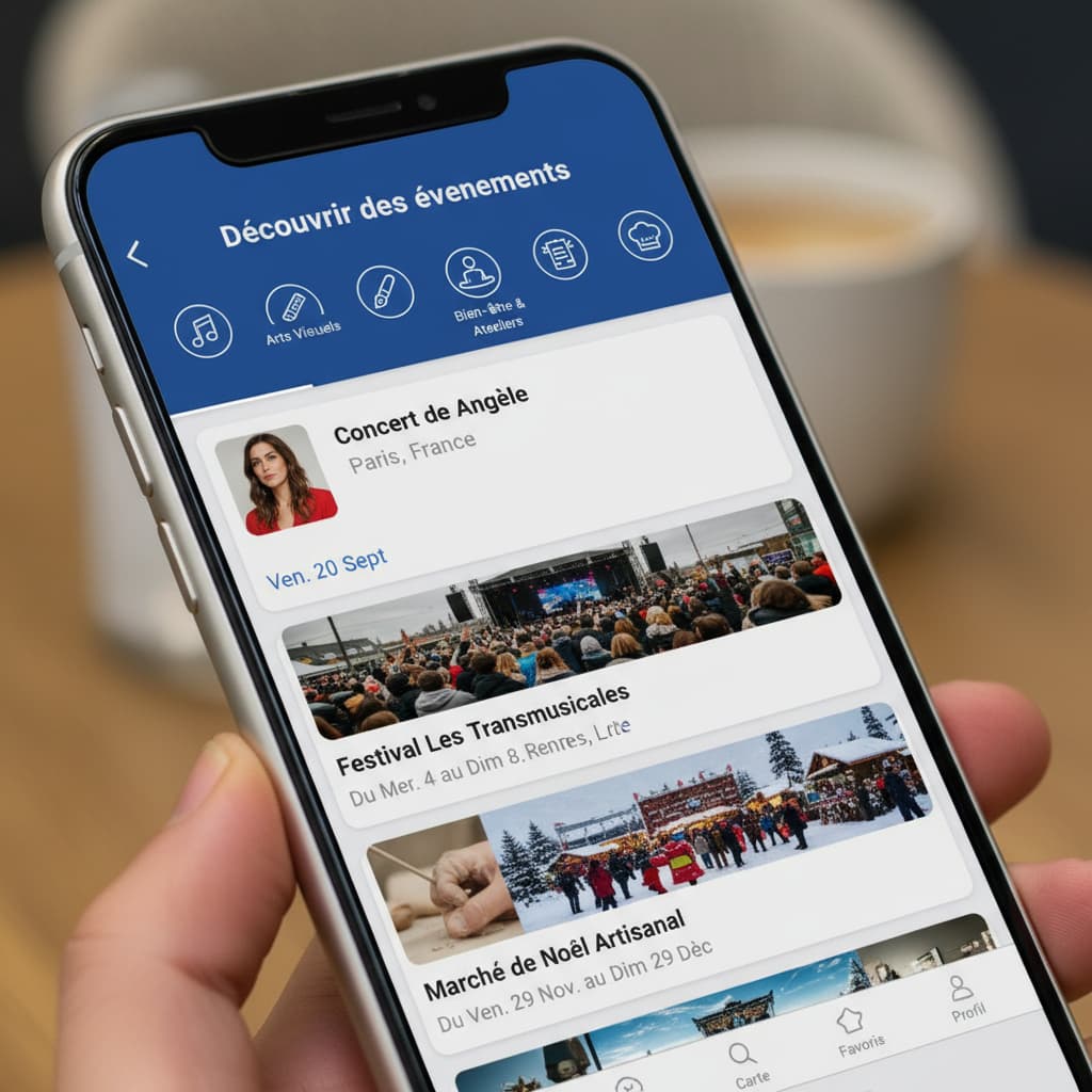 Vue en gros plan de l'écran d'un smartphone affichant une application de découverte d'événements avec un en-tête 'Découvrir des événements' et une liste défilante de concerts et festivals avec des icônes par catégorie.