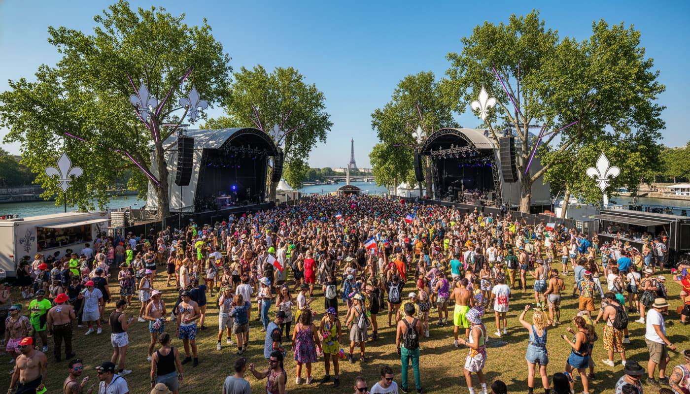 Sur une île de la Seine, un festival en plein air par un après-midi ensoleillé, avec des scènes électro, des enceintes, des arbres, des participants en tenues fluo portant des drapeaux français, sous un ciel bleu clair.