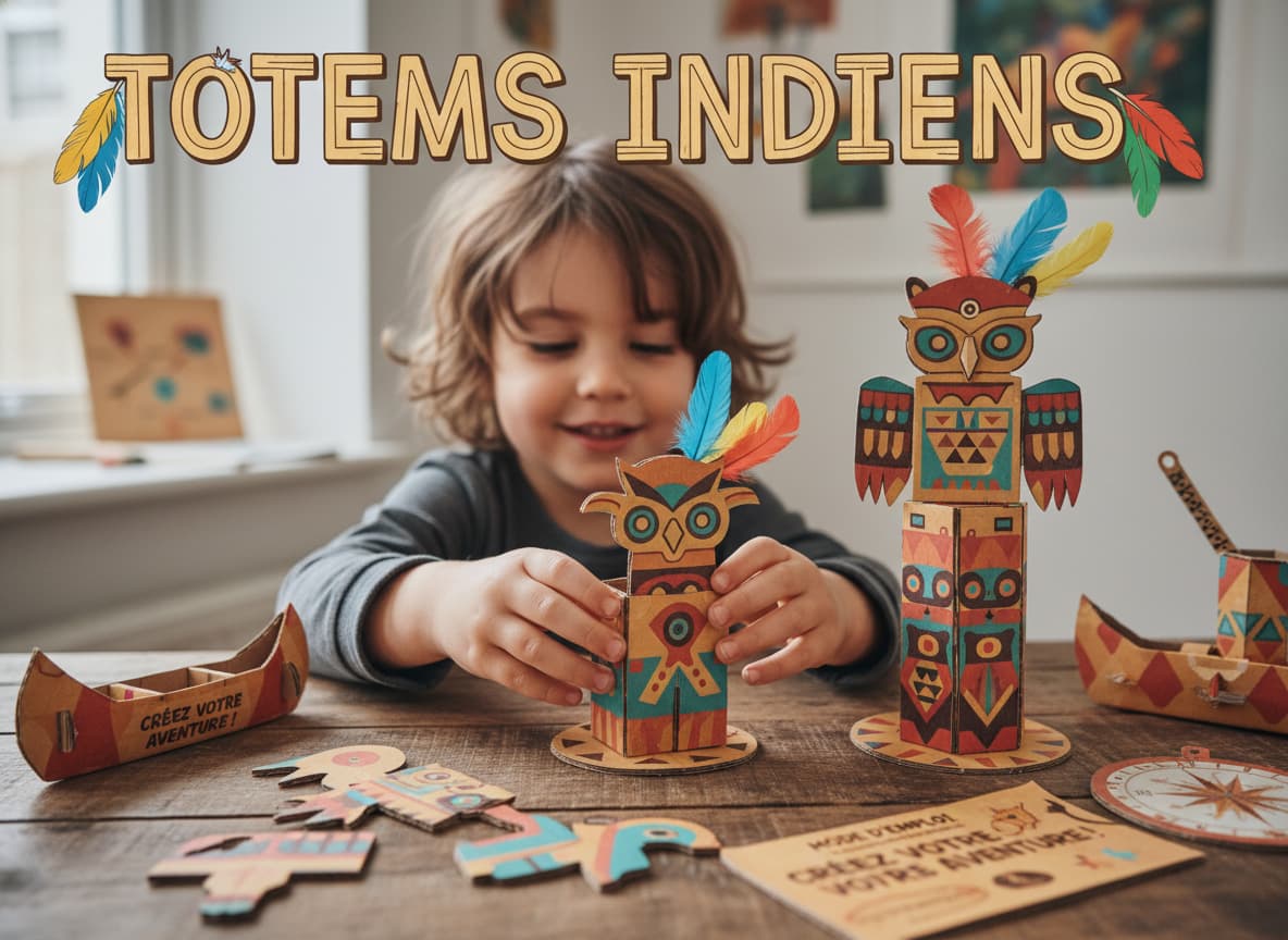 Un enfant assemble les pièces colorées d'un petit totem en carton d'inspiration amérindienne avec l'inscription 'Totems Indiens' superposée.