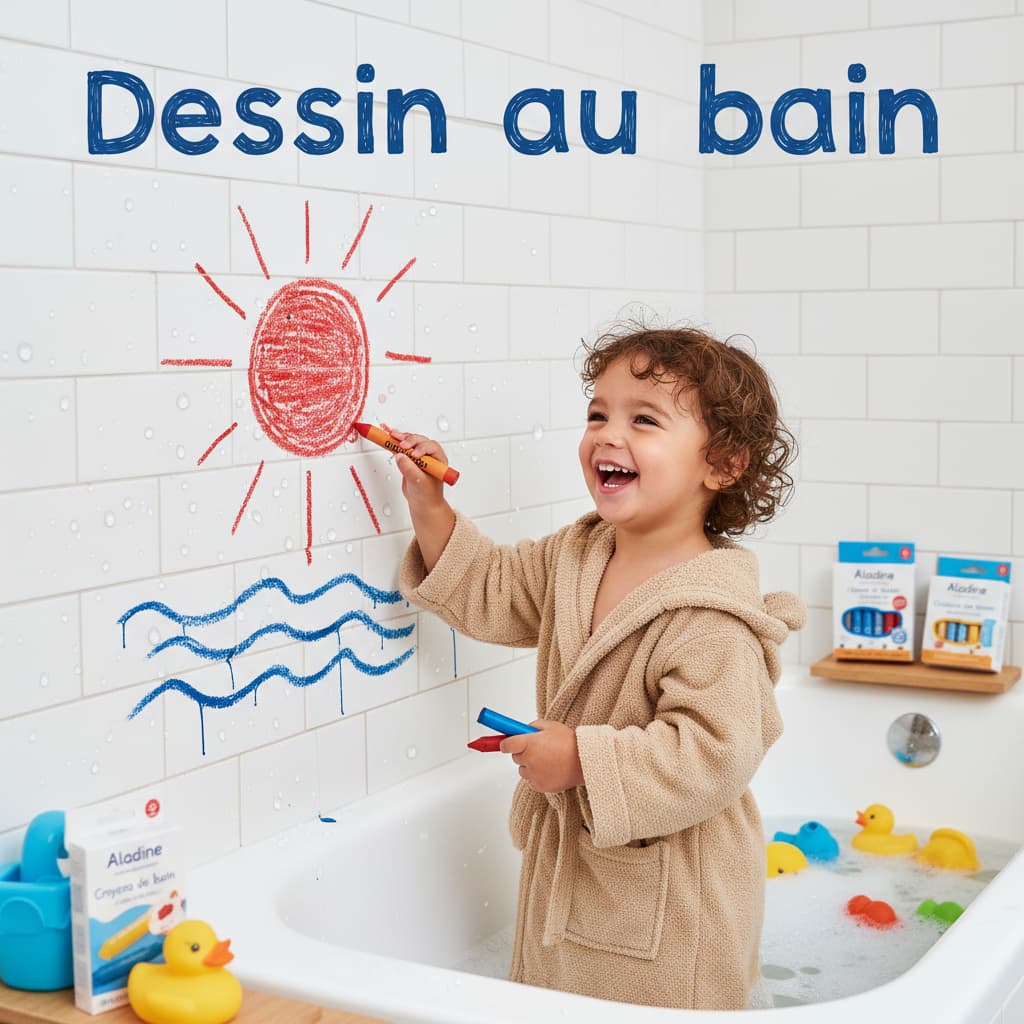Un enfant dessine un soleil rouge et des vagues bleues avec des crayons de bain sur des carreaux de céramique blancs dans une salle de bain, des gouttelettes d'eau visibles.