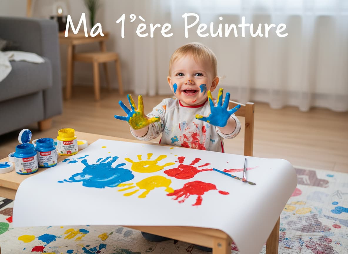 Un tout-petit assis à une table, les mains pleines de peinture colorée, fait des empreintes sur du papier, avec des pots Maped Creativ ouverts et le texte 'Ma 1ère Peinture' visible.