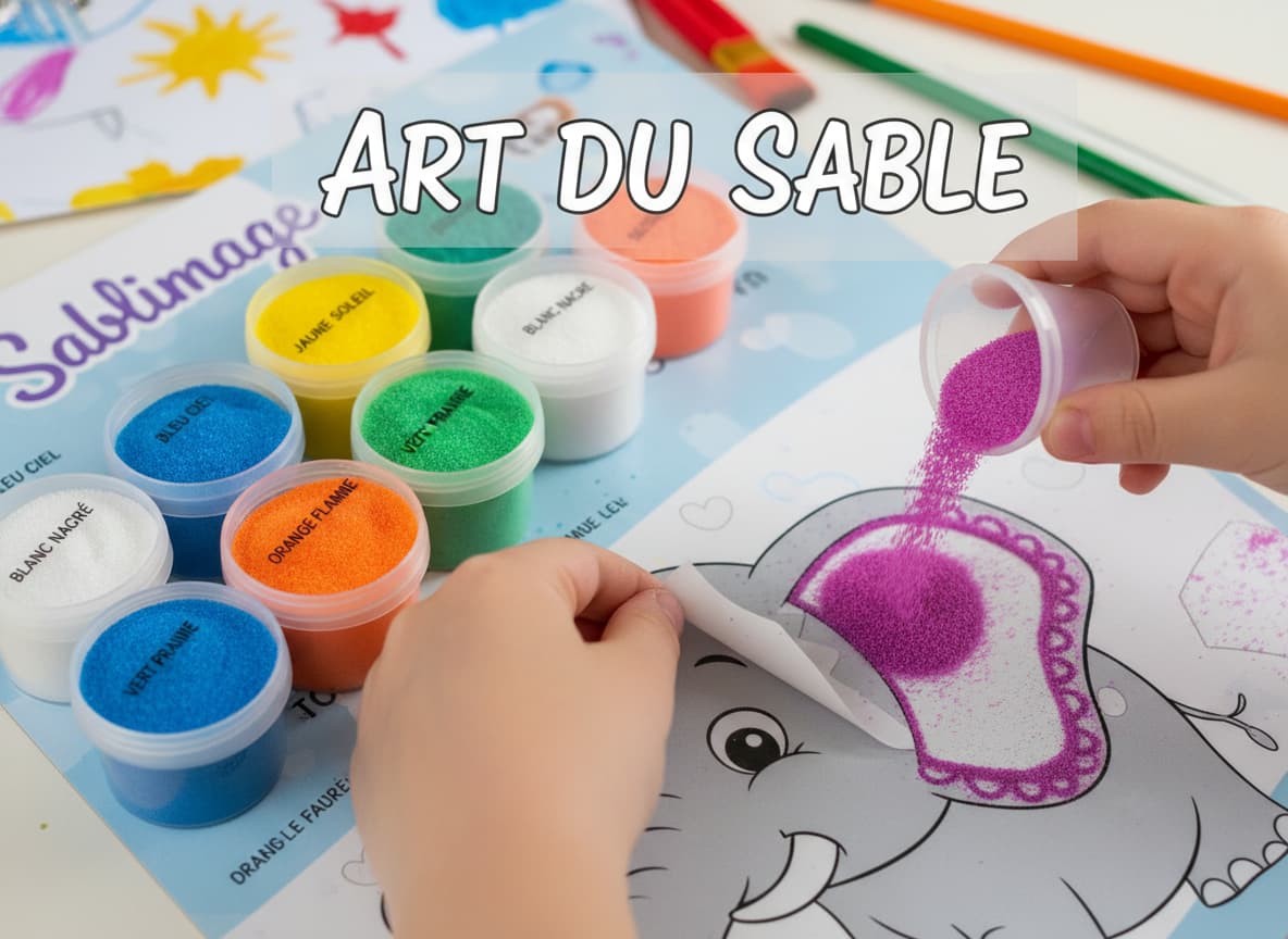 Un enfant décolle une zone adhésive prédécoupée d'un tableau Sablimage et saupoudre du sable coloré fin, formant une bordure parfaite. Des petits pots de sable coloré sont alignés.