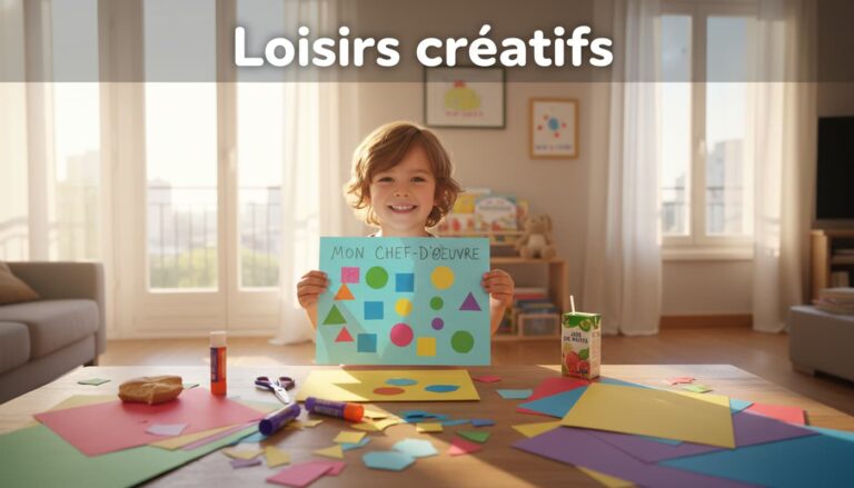 Un jeune enfant souriant tient un collage en papier coloré, entouré de fournitures de loisirs créatifs sur une table, avec le texte 'Loisirs créatifs' en superposition.