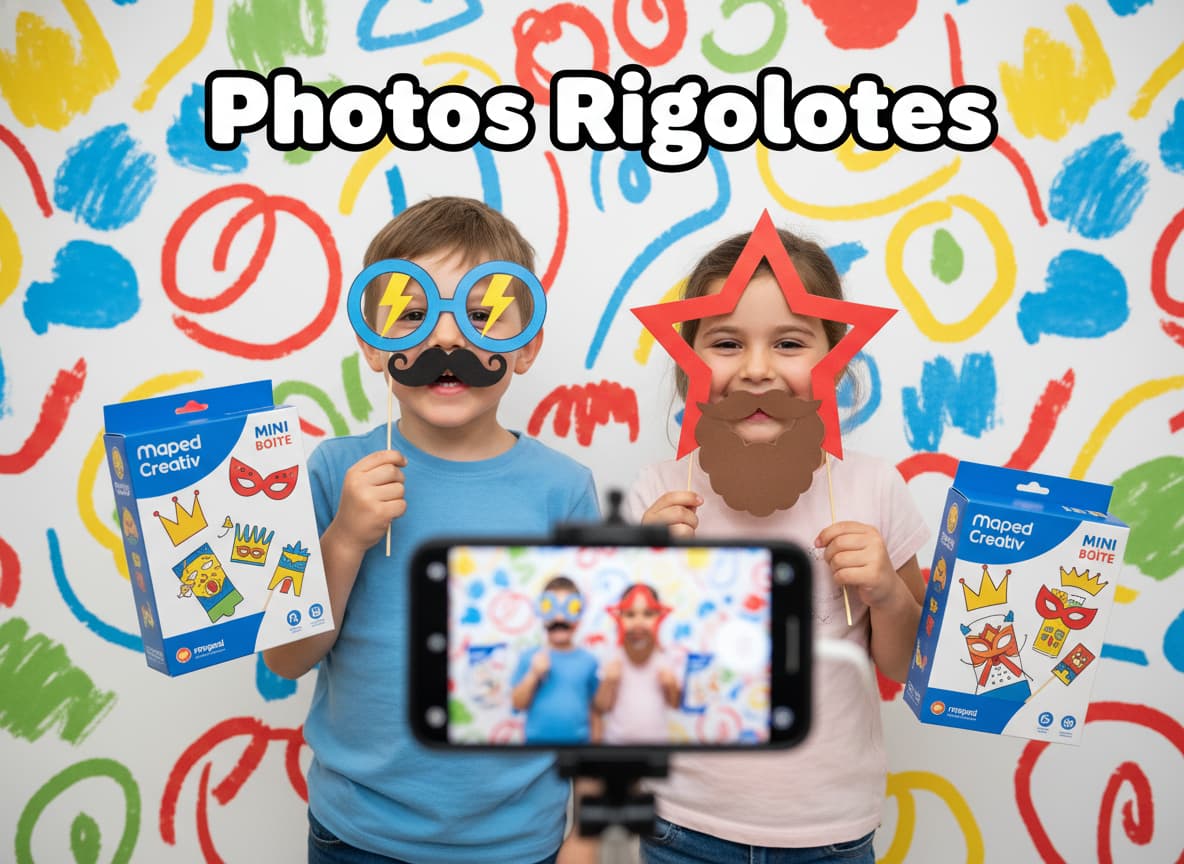Deux enfants tiennent des accessoires en carton de type lunettes et moustaches sur bâton devant un fond coloré, avec un smartphone visible au premier plan et le texte 'Photos Rigolotes' superposé.