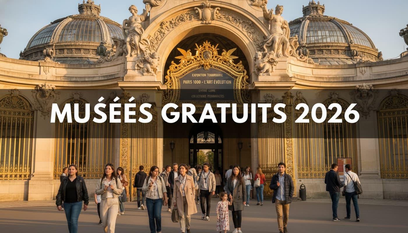 Entrée du Petit Palais à Paris à l'heure dorée avec des visiteurs franchissant la porte, un texte 'MUSÉES GRATUITS 2026' superposé en fondu.