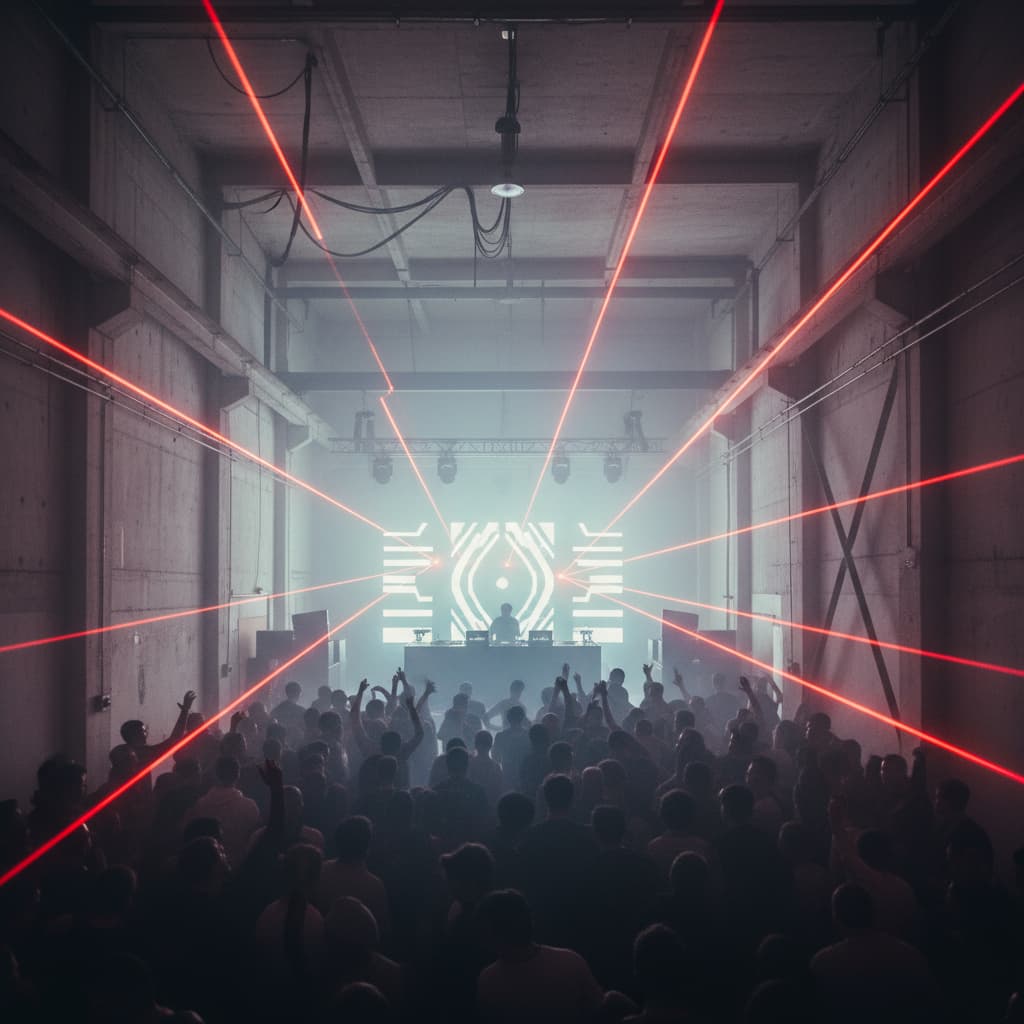 Foule dansant dans un entrepôt industriel baigné de lasers rouges et de fumée, avec une scène minimaliste et des poutres métalliques apparentes.