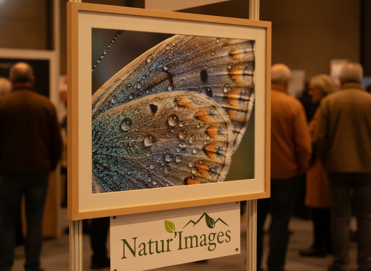 Gros plan d'un tirage photo d'insecte posé sur un présentoir, avec un bandeau 'Natur'Images' flou à l'arrière-plan et une lumière tamisée.