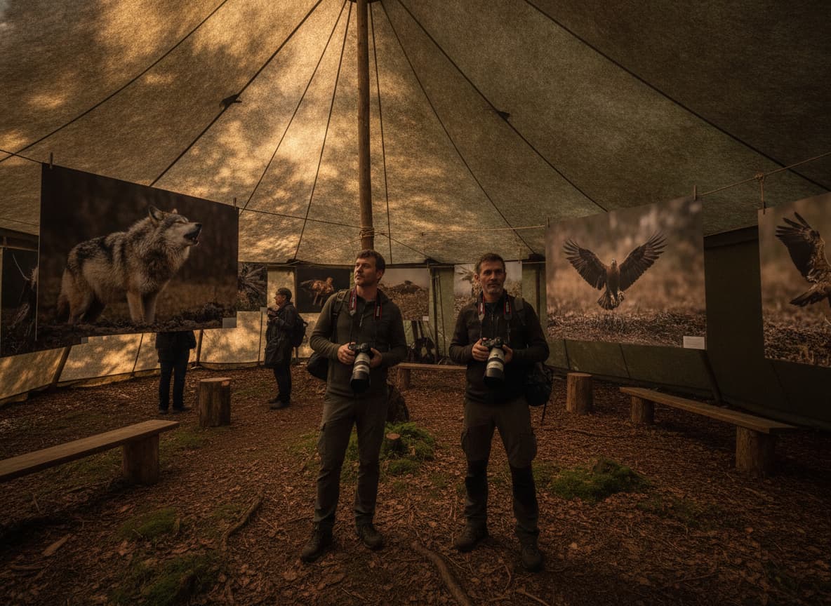 Un couple de photographes équipé d'appareils photo contemple de grands tirages de loups et d'oiseaux exposés sous une tente au cœur d'une forêt sauvage.