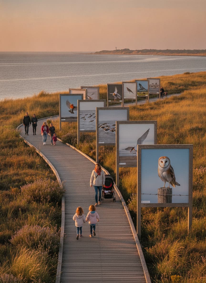 Familles se promenant sur une passerelle en bois devant des panneaux exposant de grandes photographies d'oiseaux dans la végétation côtière, éclairées par la lumière dorée du coucher de soleil.