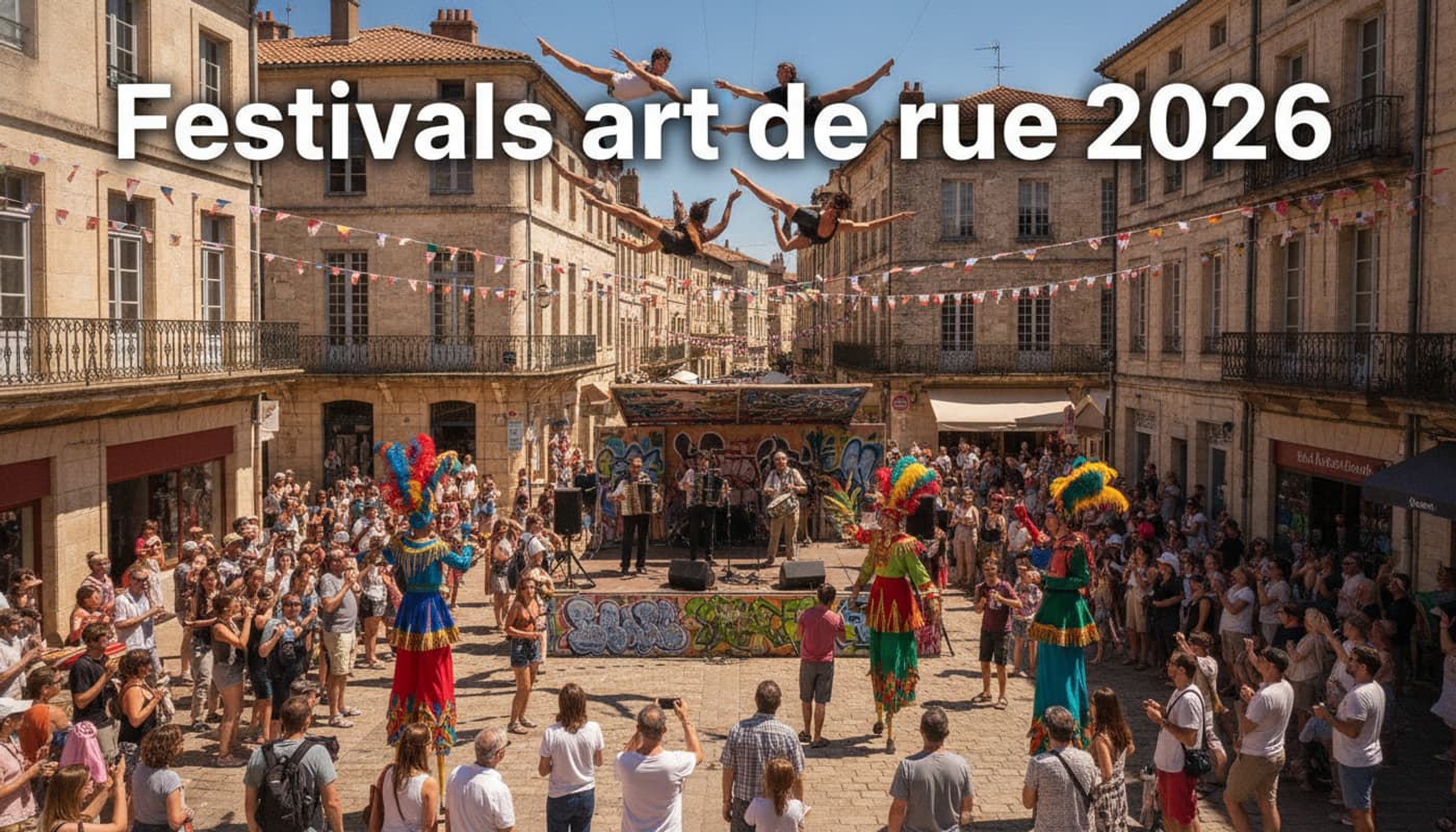 Vue plongeante sur une place de ville française animée par un festival de rue, avec des artistes sur échasses en costumes colorés, des acrobates en plein saut, une foule de familles et touristes, des rues pavées, une architecture historique, des guirlandes et drapeaux, sous le soleil estival.