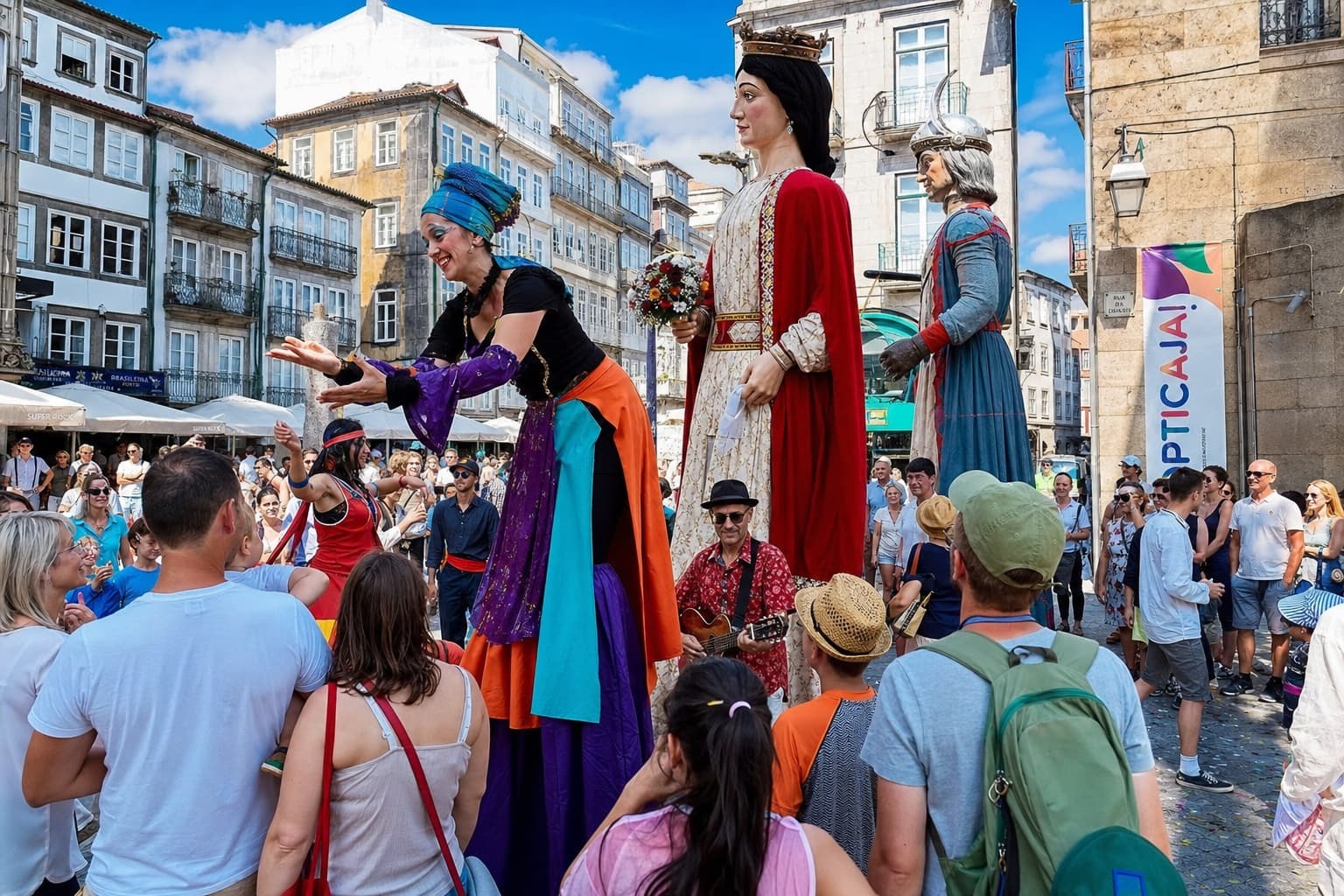Des marionnettes géantes et des échassiers costumés animent une place de ville européenne, entourés d